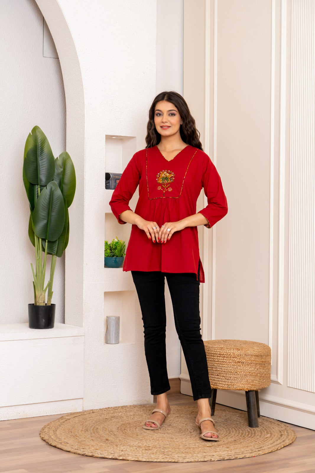 Red cotton appliqué work short top