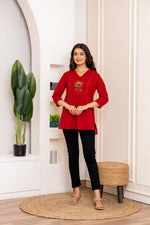 Red cotton appliqué work short top