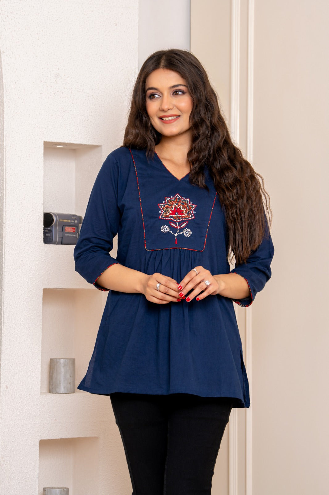 Blue cotton appliqué work short top