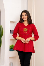 Red cotton appliqué work short top