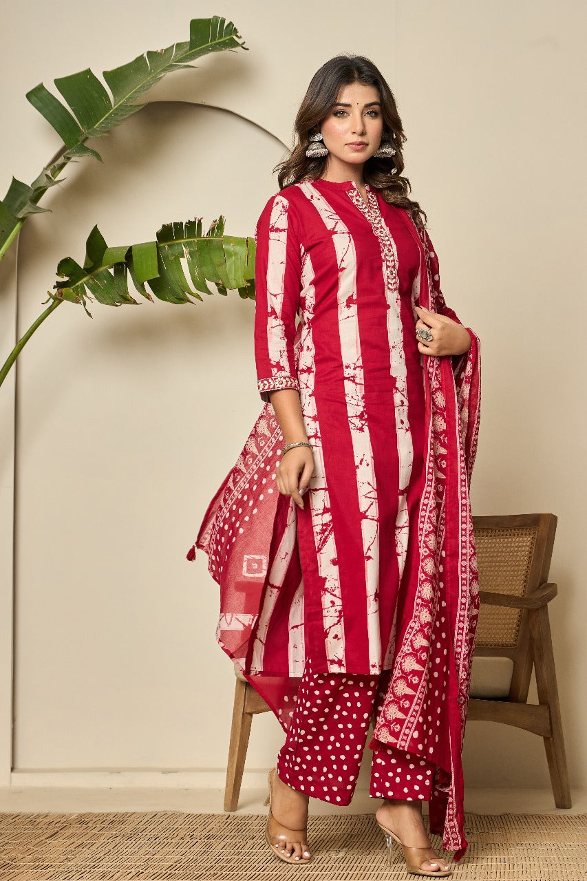 Red batik pure cotton full suit set