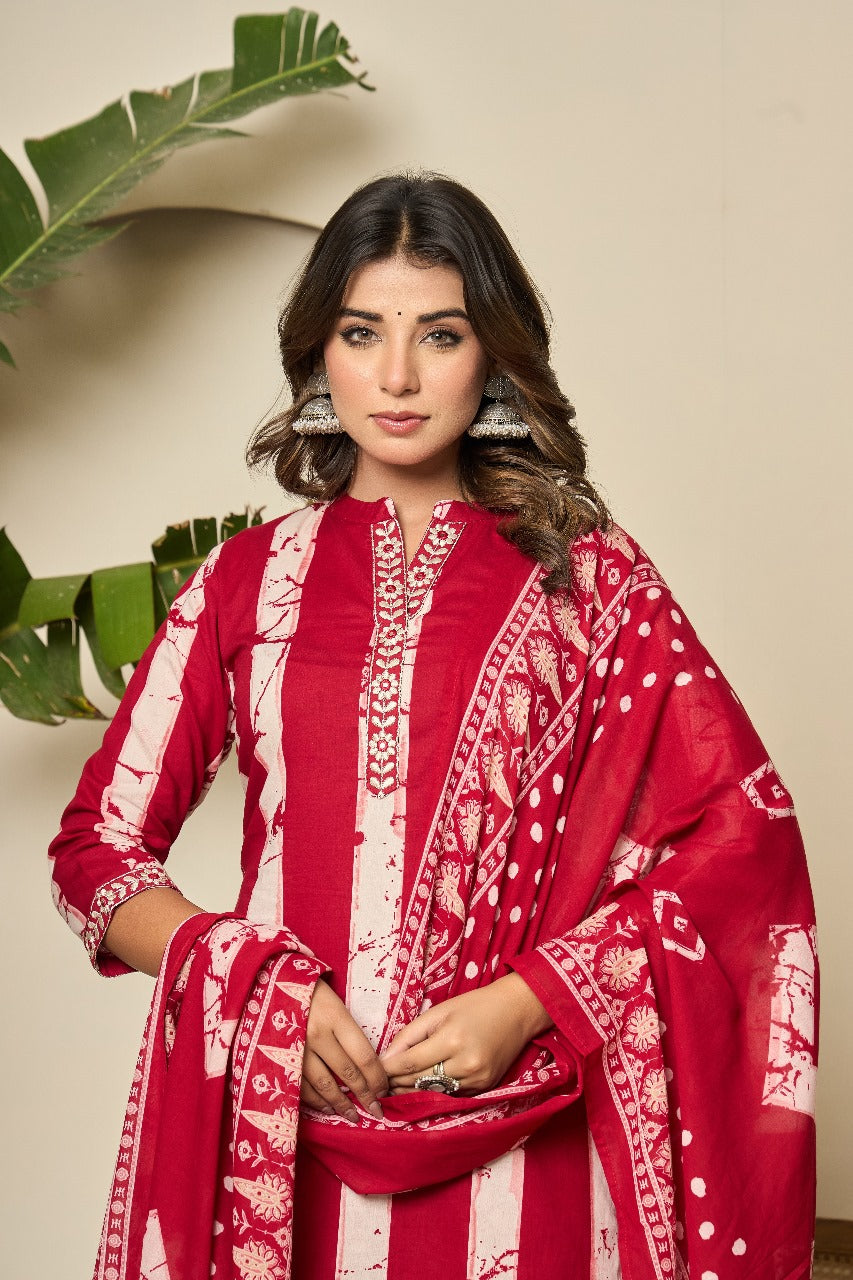 Red batik pure cotton full suit set