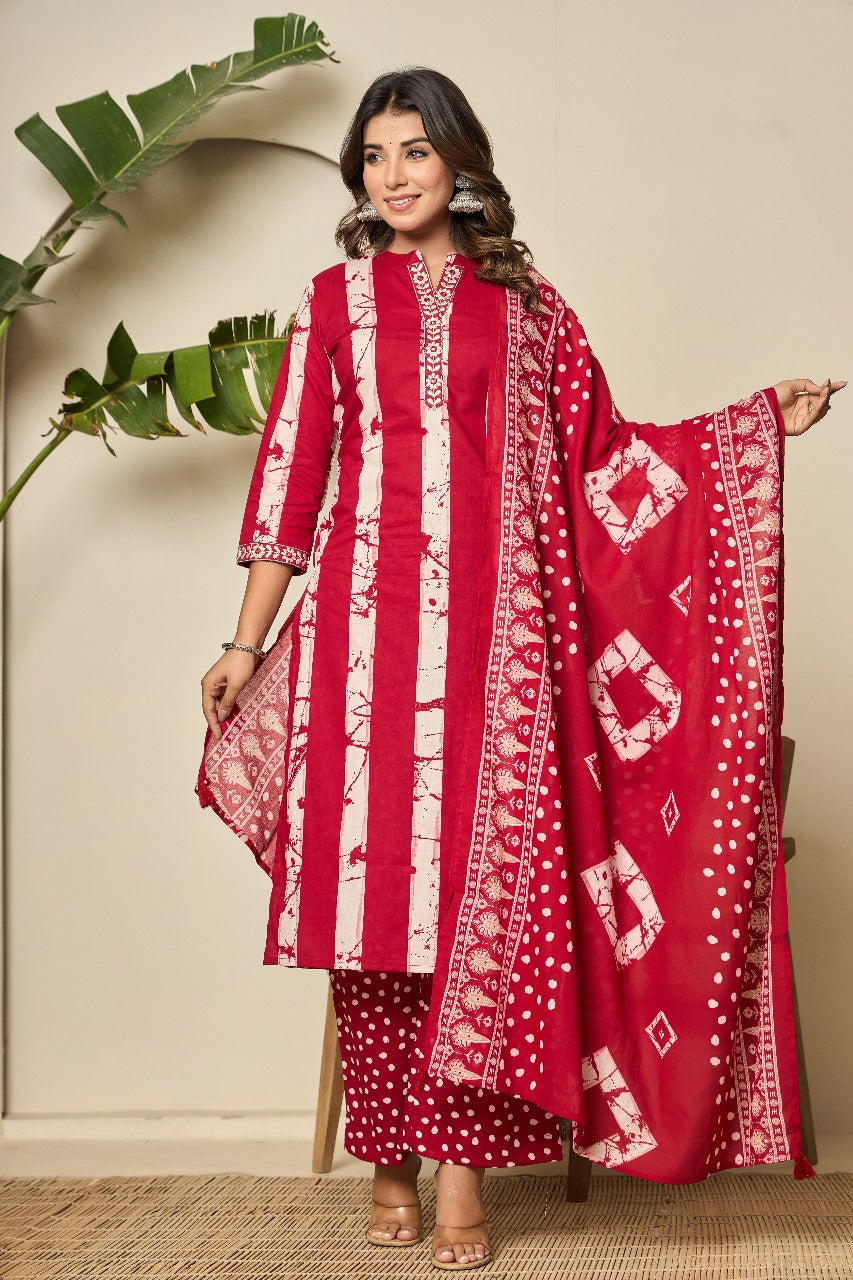 Red batik pure cotton full suit set