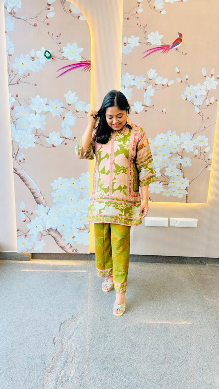 Pure Mul silk digital printed co ord in green