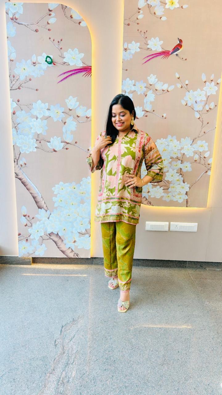 Pure Mul silk digital printed co ord in green