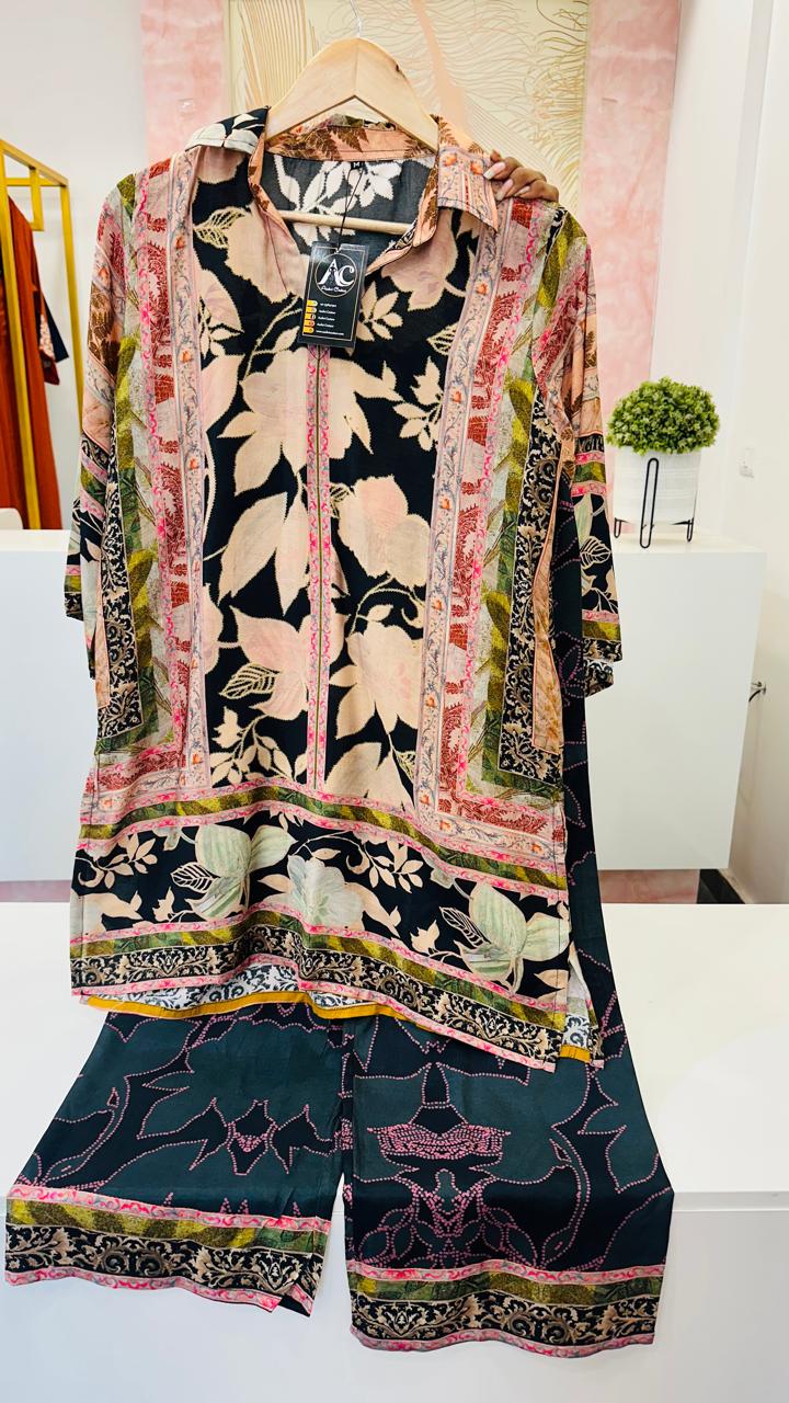 Pure Mul silk digital printed co ord in black