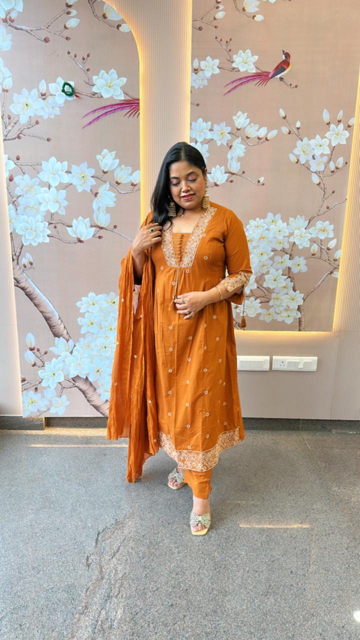 Pure cotton embroidered suit set in tan colour