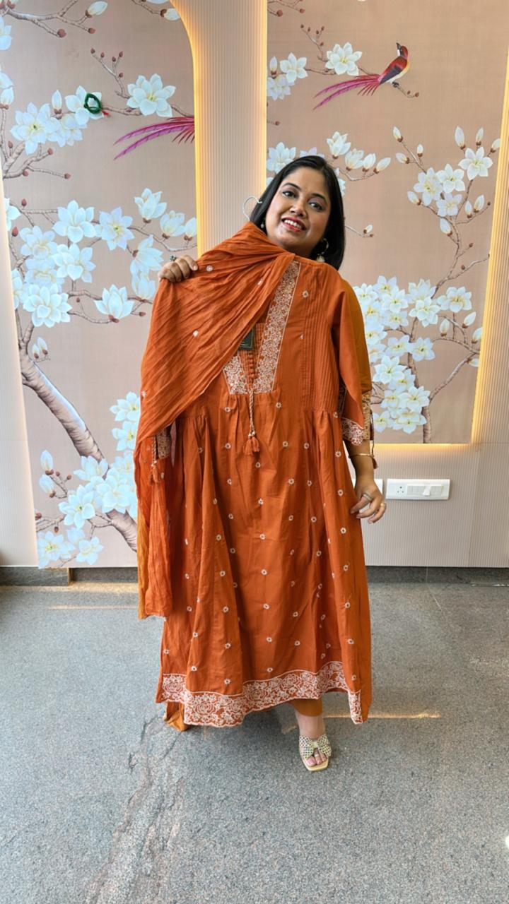 Pure cotton embroidered suit set in rust colour