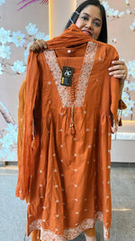 Pure cotton embroidered suit set in rust colour