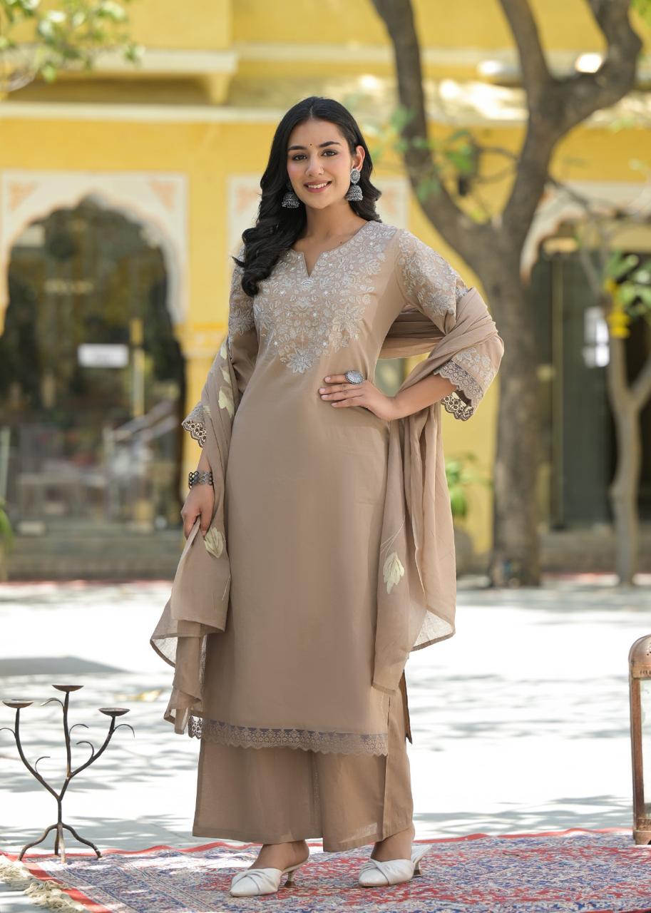Pure cotton stylish palazzo embroidered suit set paired with brush painted dupatta