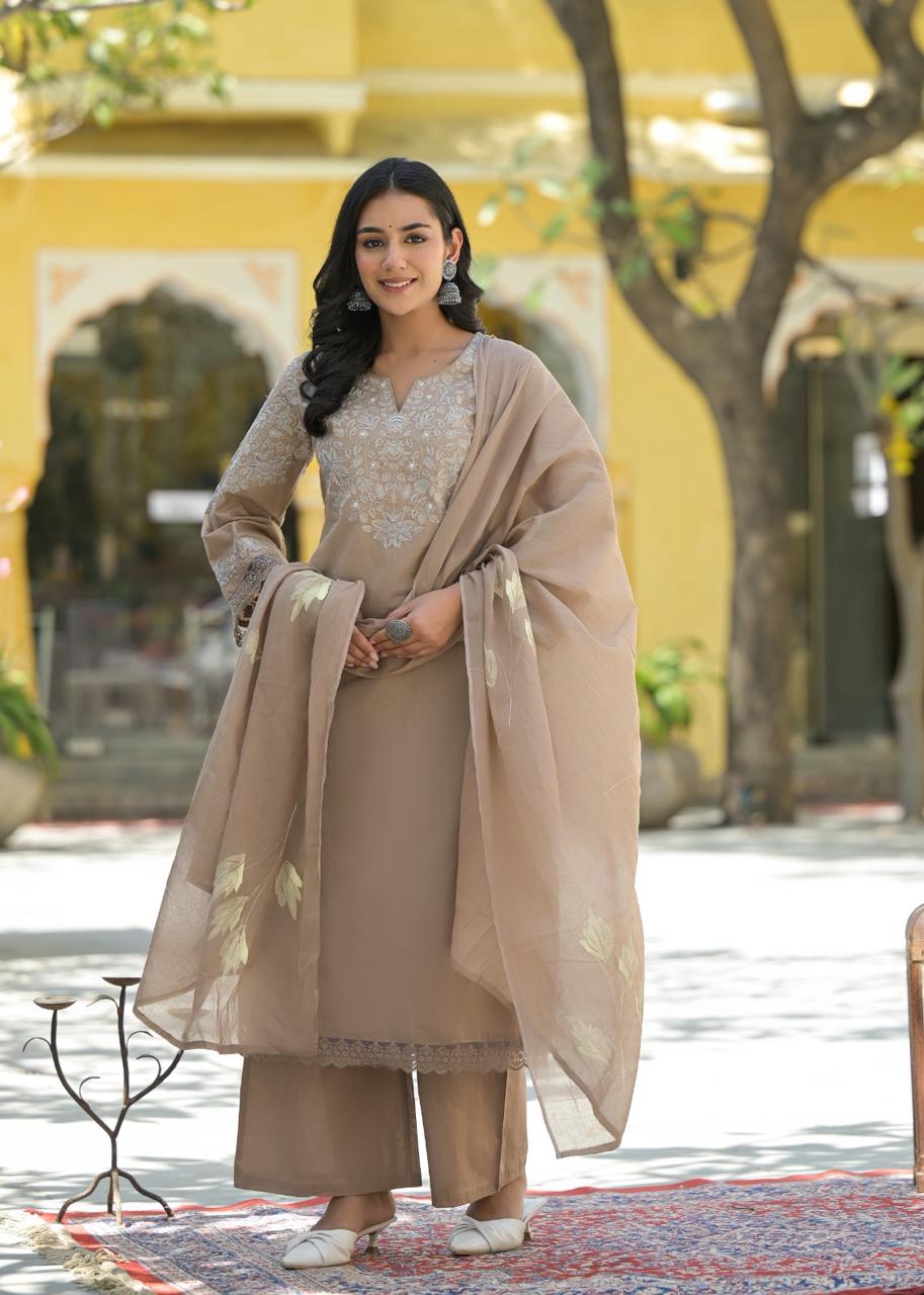 Pure cotton stylish palazzo embroidered suit set paired with brush painted dupatta