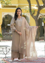 Pure cotton stylish palazzo embroidered suit set paired with brush painted dupatta