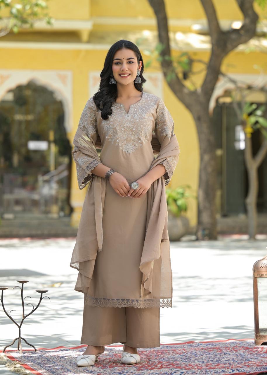 Pure cotton stylish palazzo embroidered suit set paired with brush painted dupatta