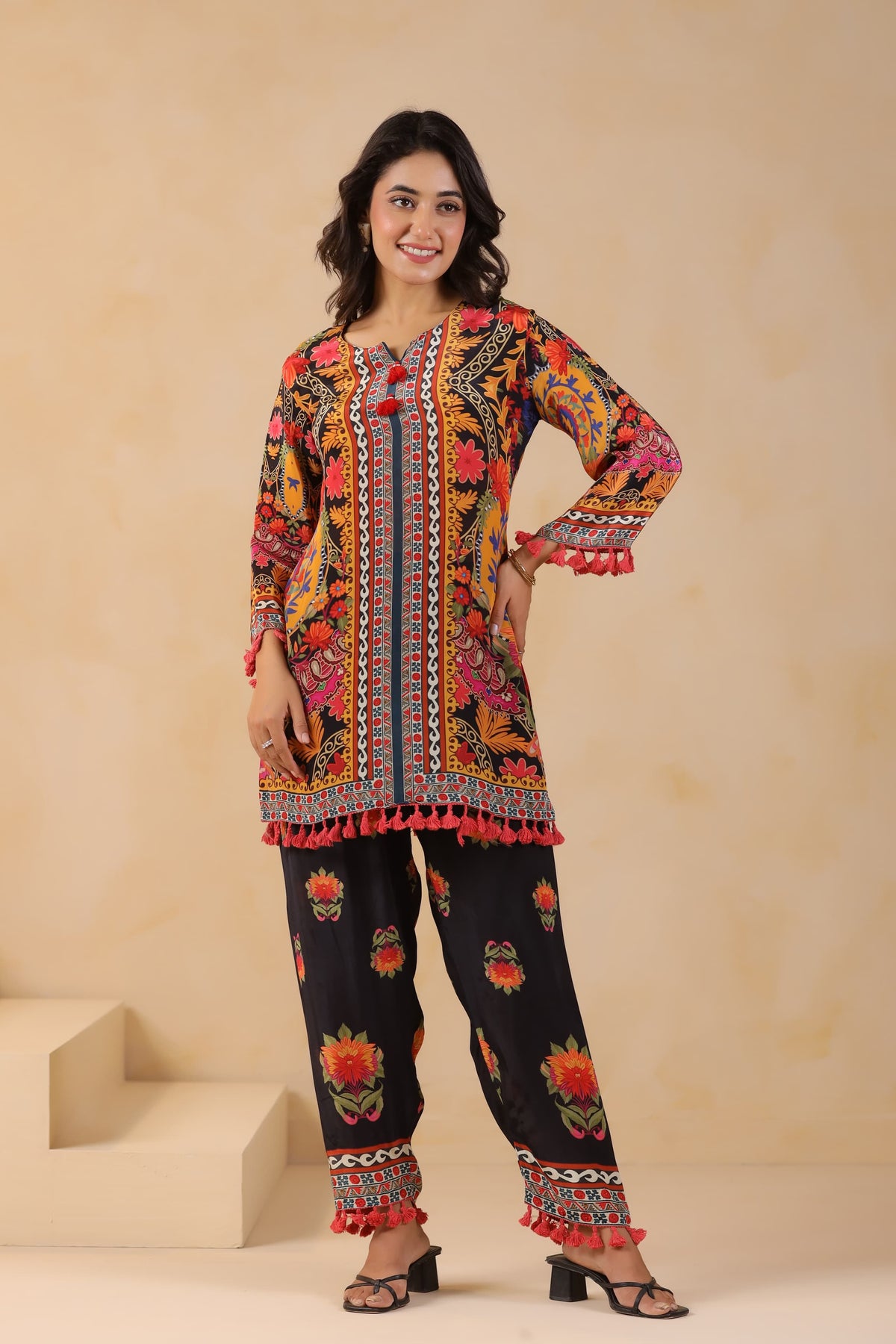 Pure crepe digital printed co ord in black