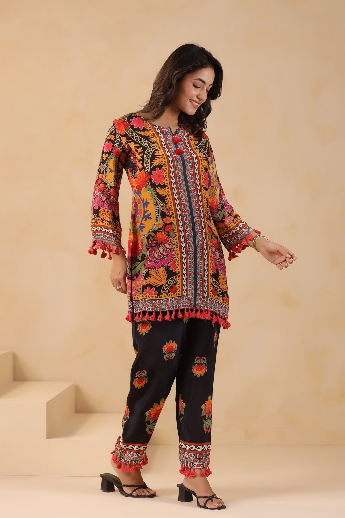 Pure crepe digital printed co ord in black