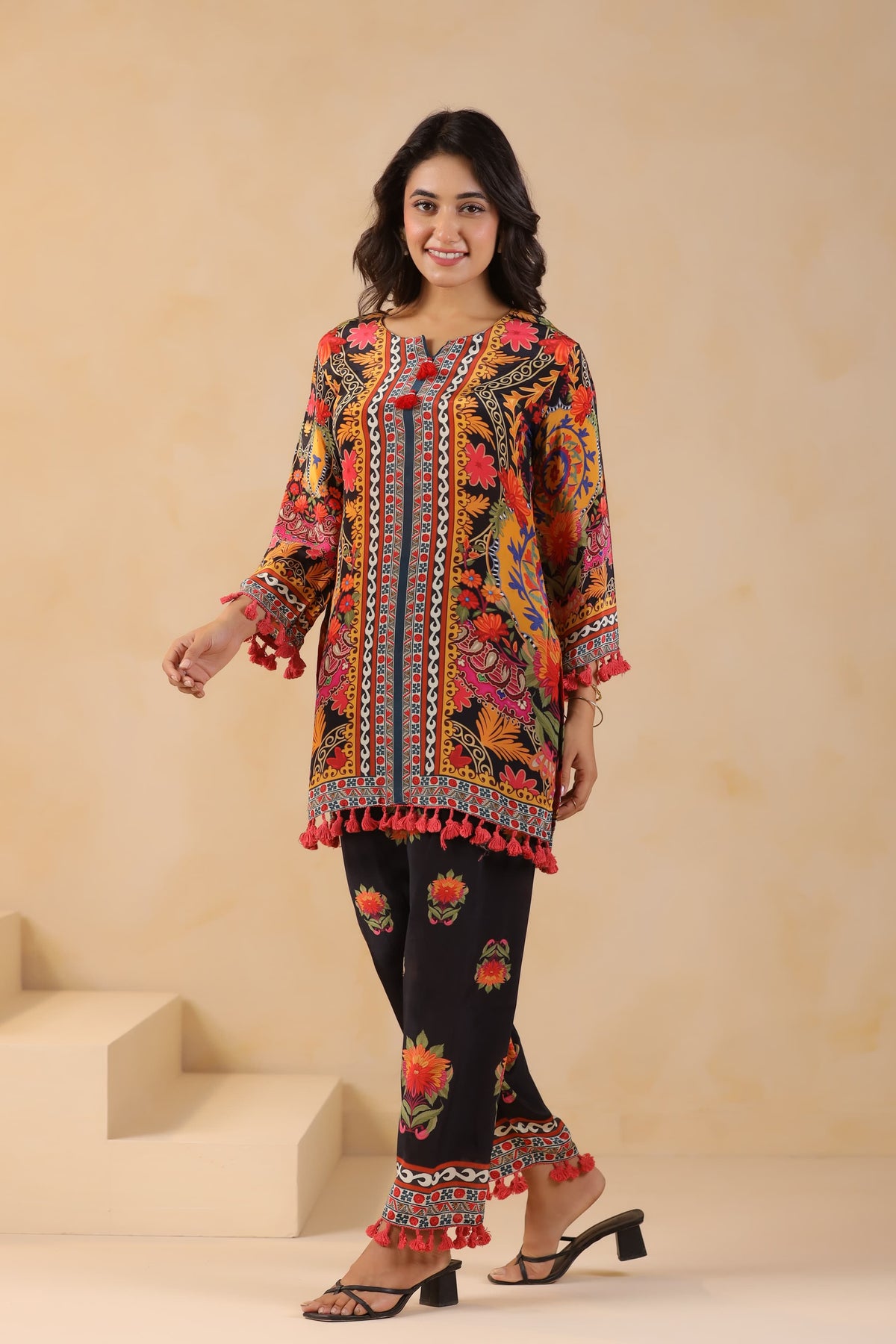 Pure crepe digital printed co ord in black