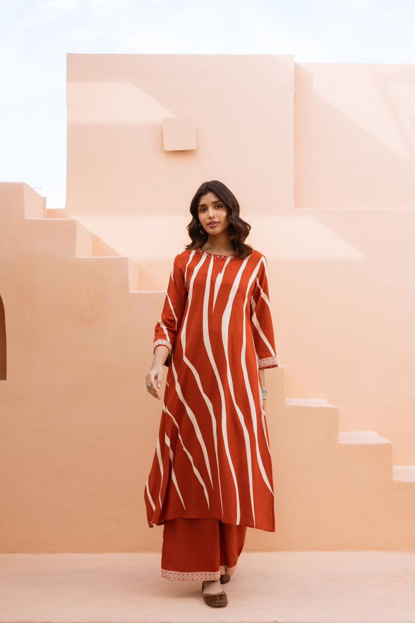Super pretty slub cotton stripes design with four pocket kurta pant in rust