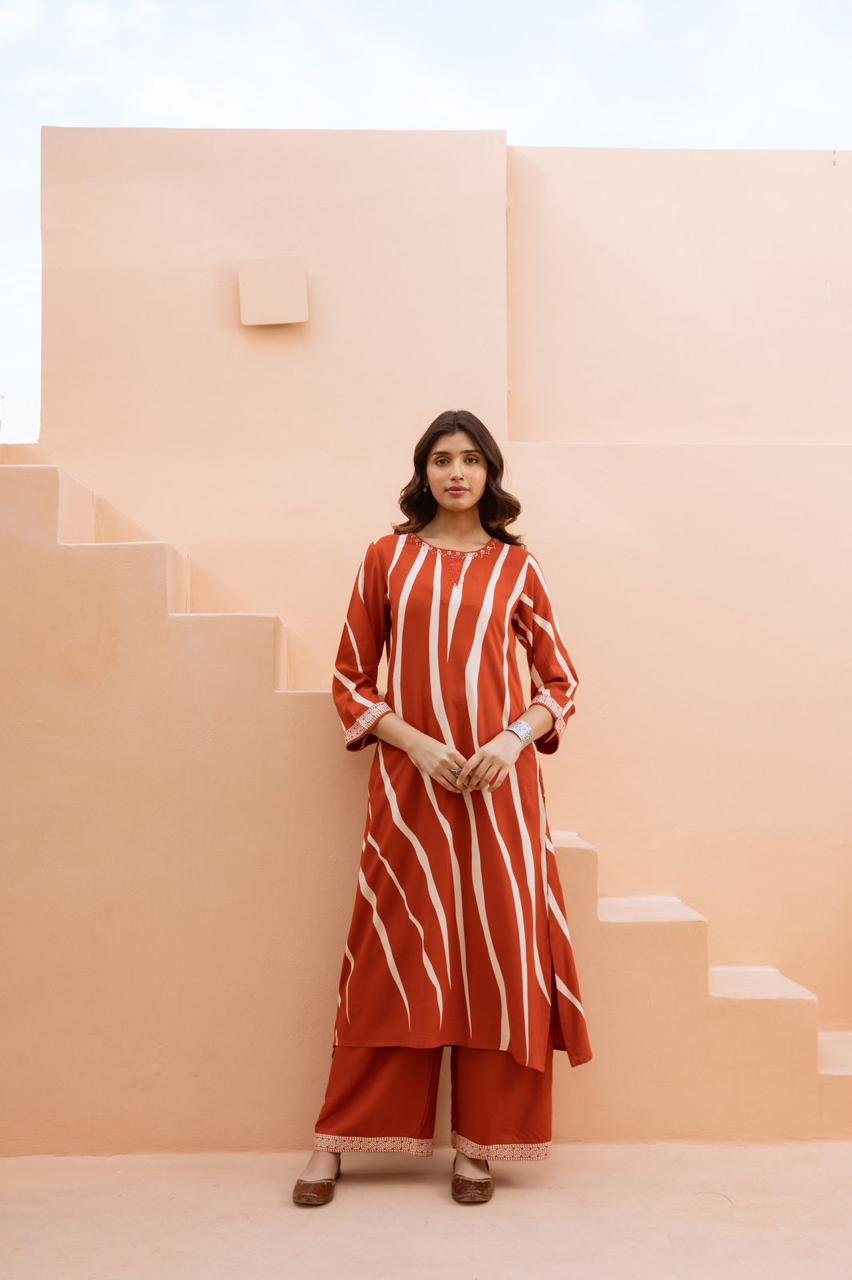 Super pretty slub cotton stripes design with four pocket kurta pant in rust