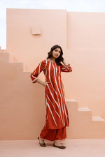 Super pretty slub cotton stripes design with four pocket kurta pant in rust