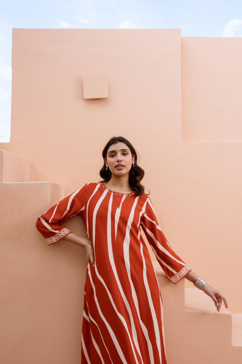 Super pretty slub cotton stripes design with four pocket kurta pant in rust