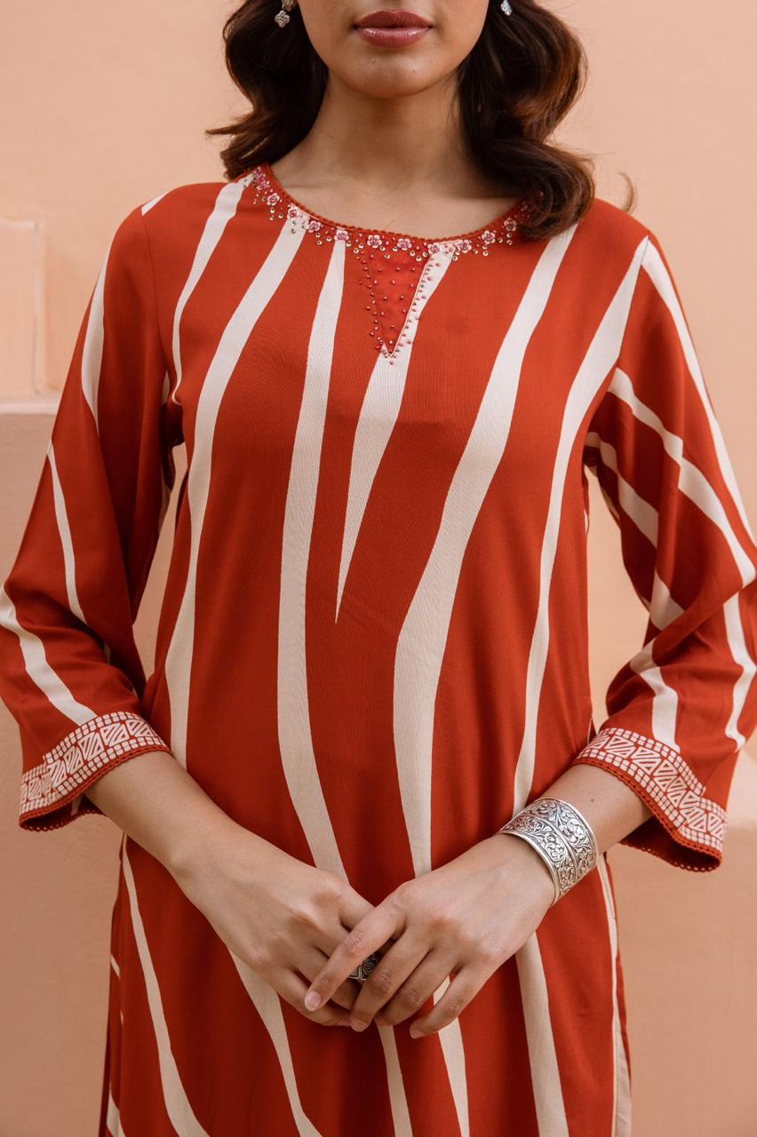 Super pretty slub cotton stripes design with four pocket kurta pant in rust
