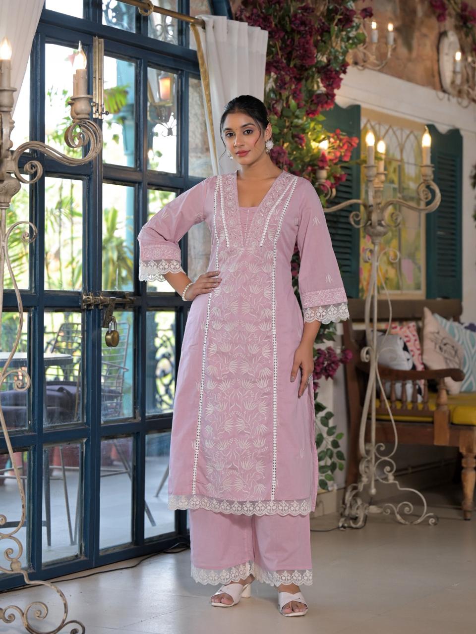 Pure cotton embroidered full suit set in pink