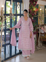 Pure cotton embroidered full suit set in pink