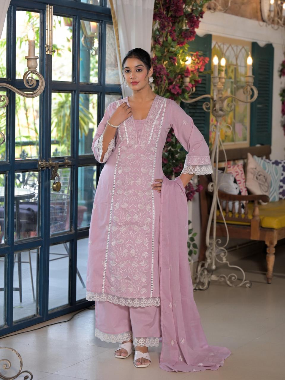 Pure cotton embroidered full suit set in pink