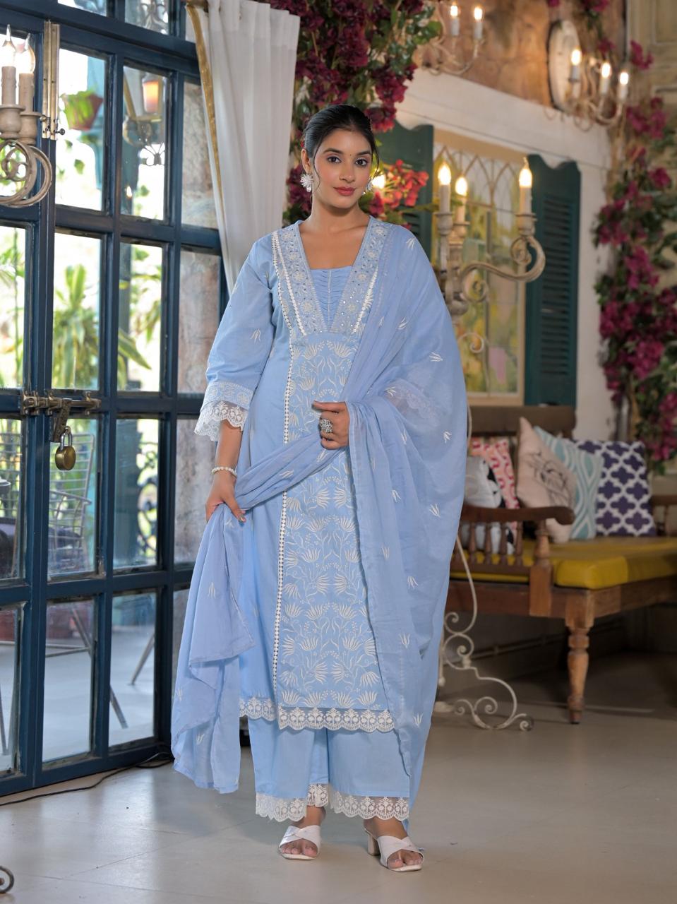 Pure cotton embroidered full suit set in blue