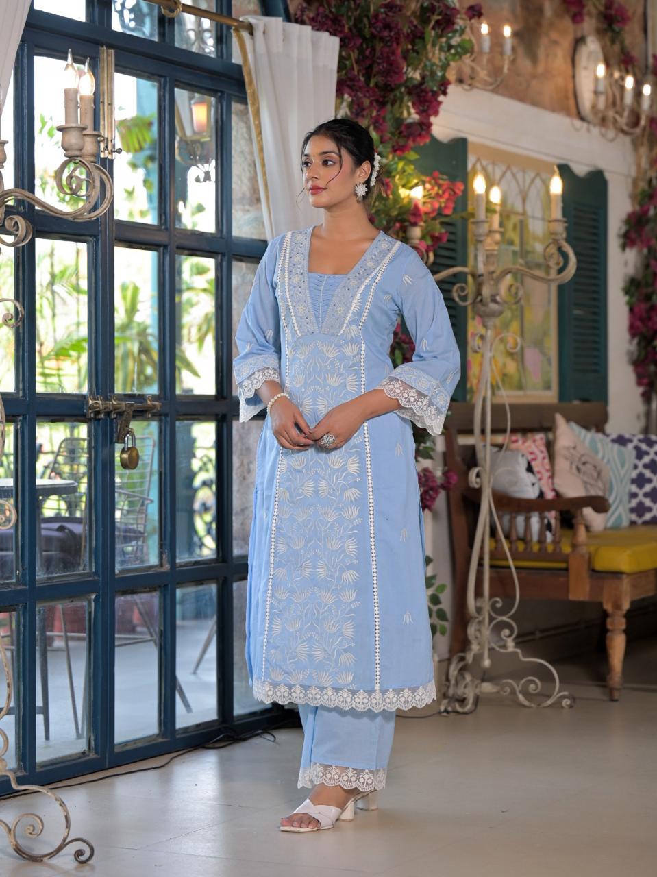 Pure cotton embroidered full suit set in blue