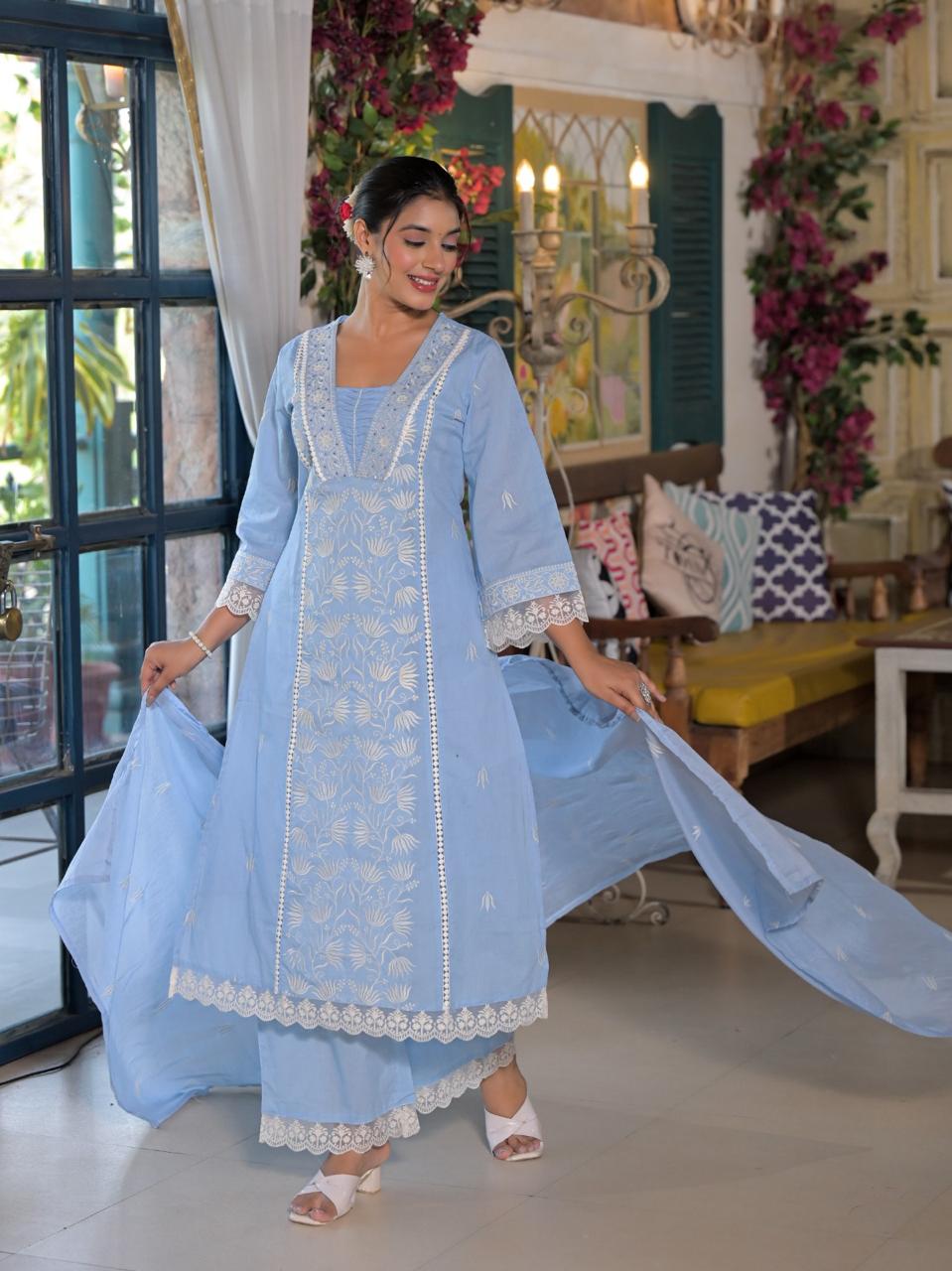 Pure cotton embroidered full suit set in blue