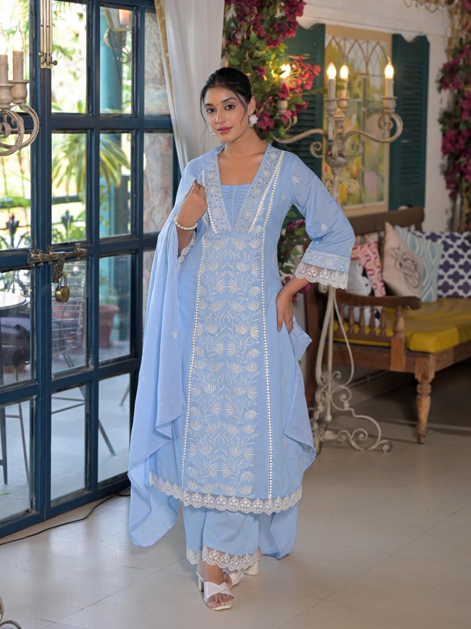 Pure cotton embroidered full suit set in blue