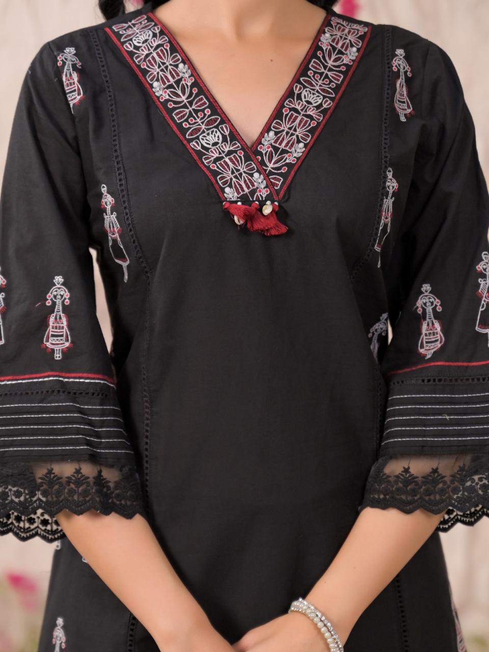 Stylish embroidered Worli art suit set in black
