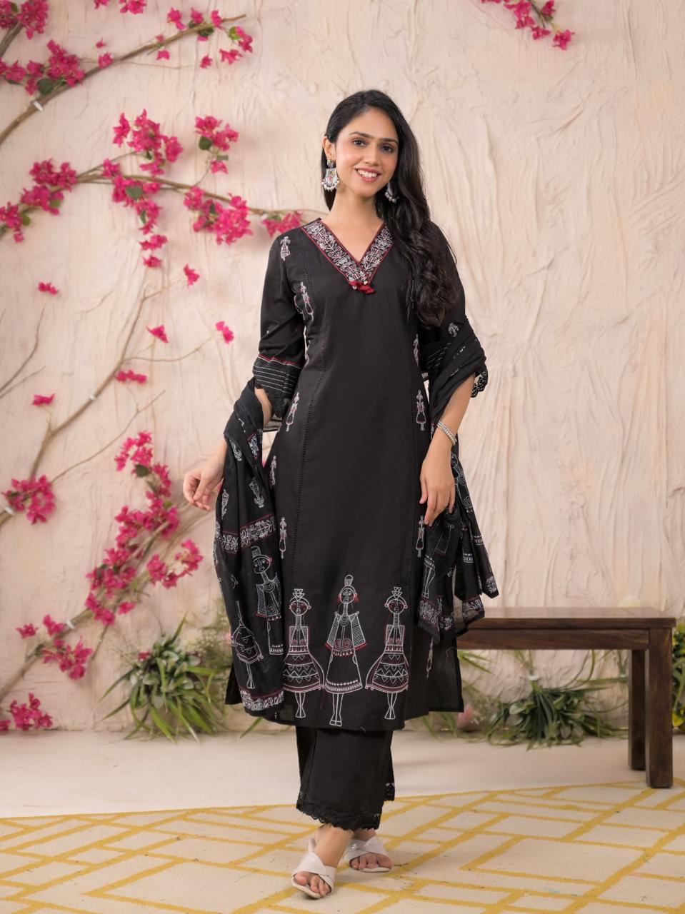 Stylish embroidered Worli art suit set in black