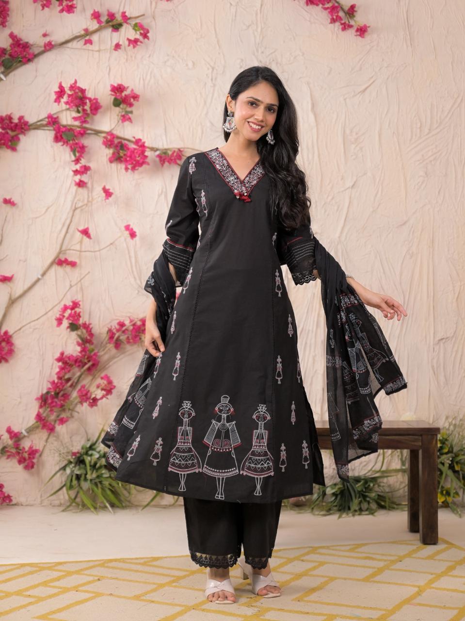 Stylish embroidered Worli art suit set in black