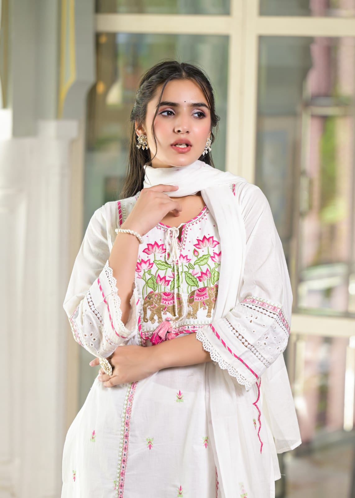 Premium cotton embroidered suit set in white
