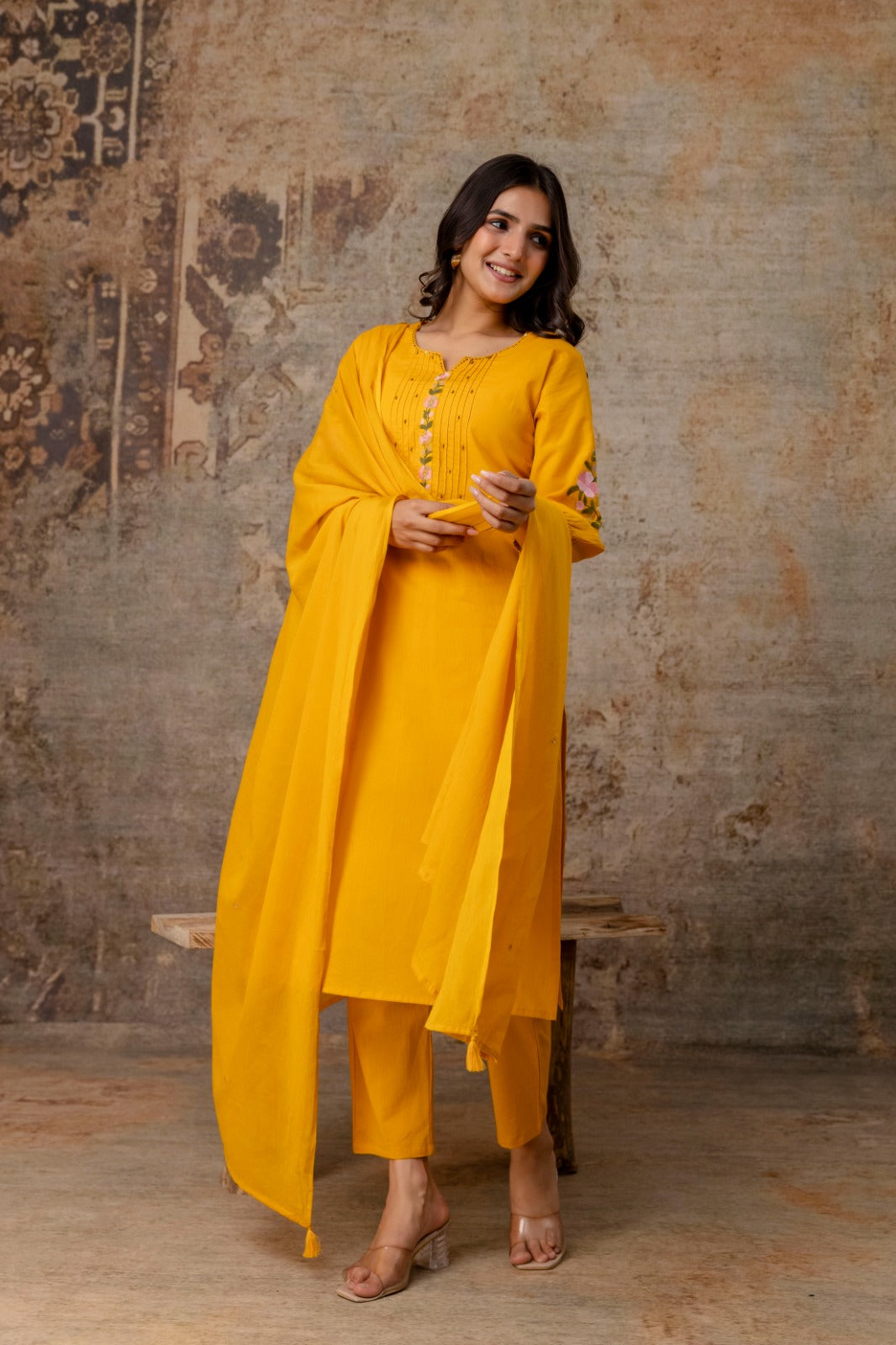 Beautiful embroidered yellow suit set paired with Mul cotton dupatta