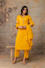 Beautiful embroidered yellow suit set paired with Mul cotton dupatta