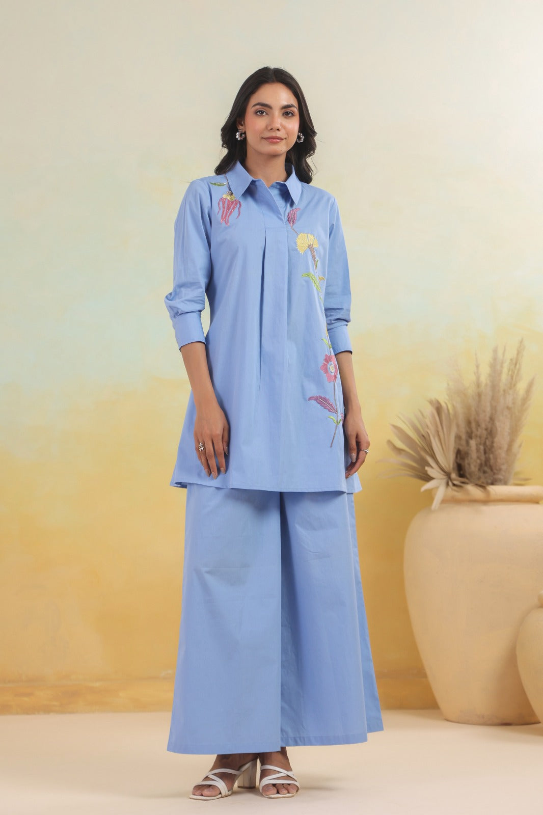 Embroidered cotton co ord set in super elegant powder blue colour