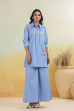 Embroidered cotton co ord set in super elegant powder blue colour