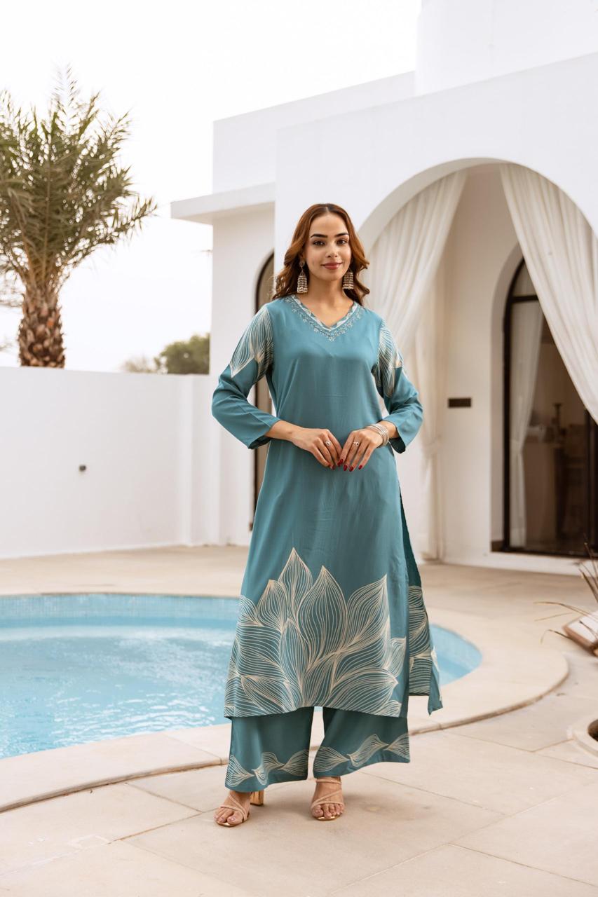 Wow wow heavy cotton slub kurta pant designer leaf pattern in blue