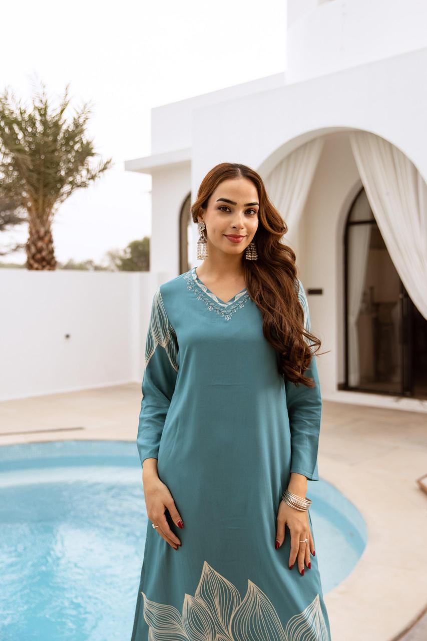 Wow wow heavy cotton slub kurta pant designer leaf pattern in blue