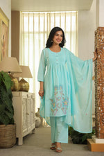 Super super premium cotton with lining and full embroidery suit set in blue
