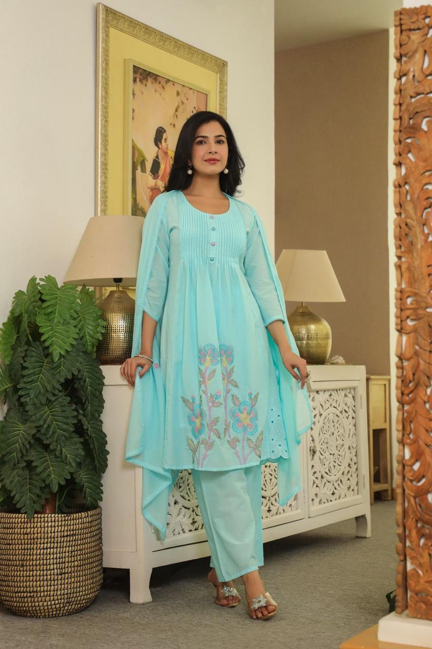 Super super premium cotton with lining and full embroidery suit set in blue
