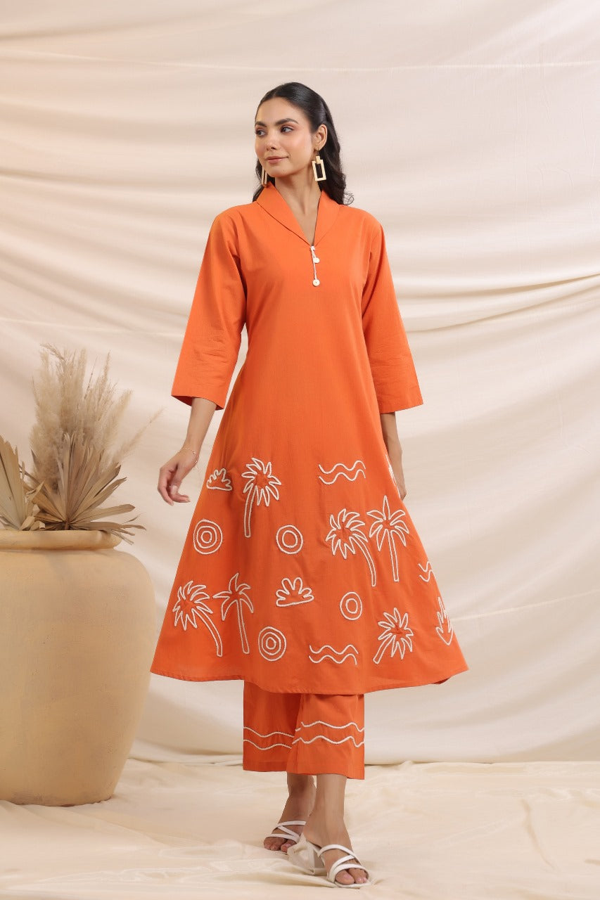 Smart cotton rust embroidered kurta pant
