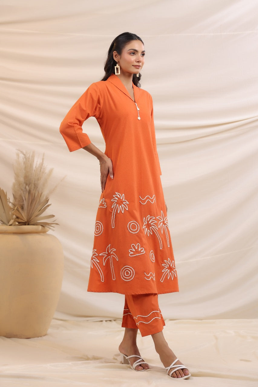 Smart cotton rust embroidered kurta pant