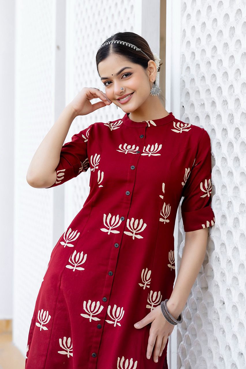 Red cotton with pocket kurta pant