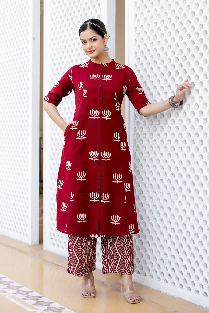 Red cotton with pocket kurta pant