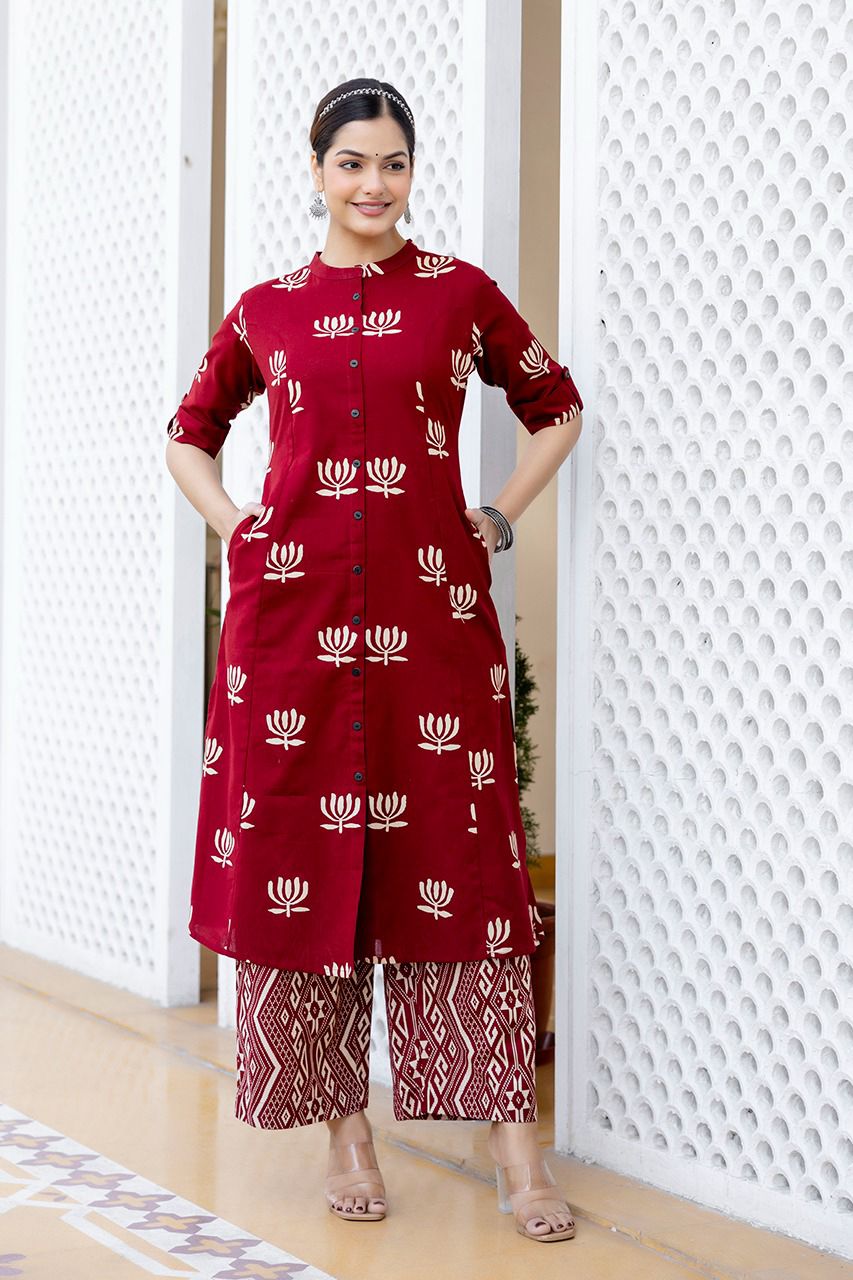 Red cotton with pocket kurta pant