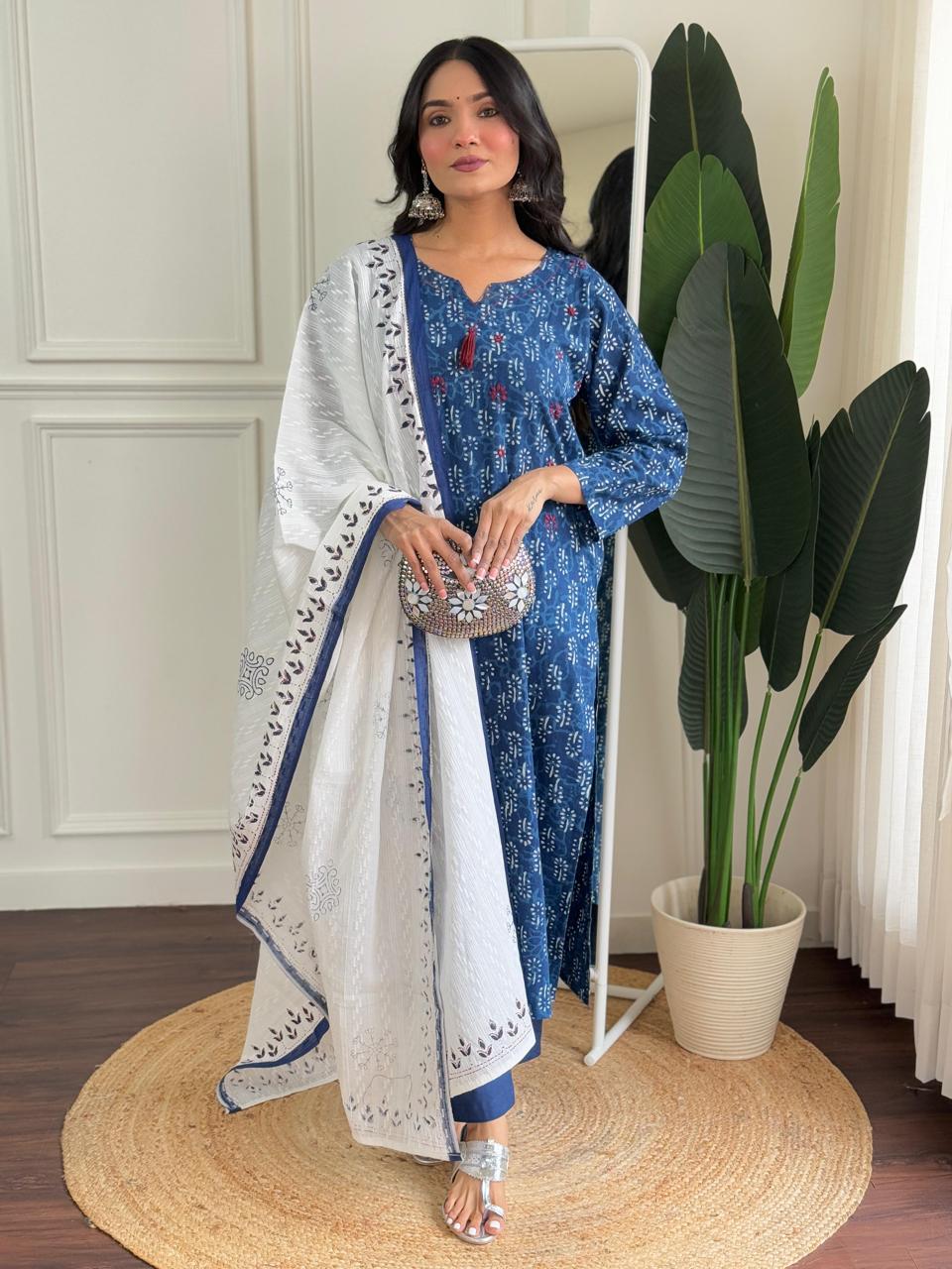 Pure cotton bagru print with lace detailing suit set in indigo blue